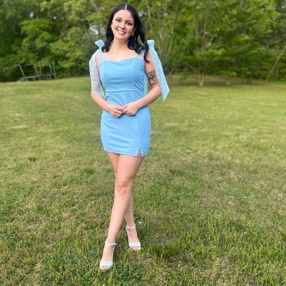 Lulu’s Beaming Perfection Light Blue Pearl Organza Tie Strap Mini Dress Size Med - Picture 5 of 7